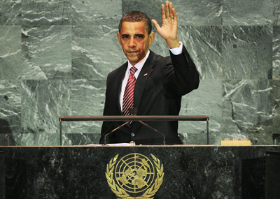 US President Barack Obama waves united nations