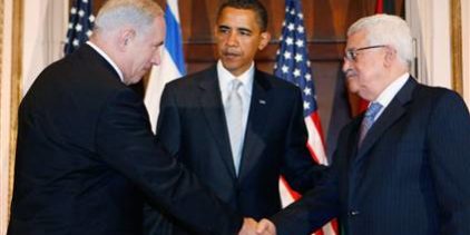 Abbas Netanyahu shake hands with Obama