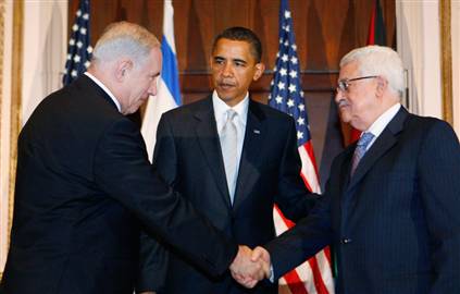 Abbas Netanyahu shake hands with Obama