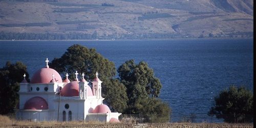 used capernaum Greek Orthodox church and the Sea of Galilee