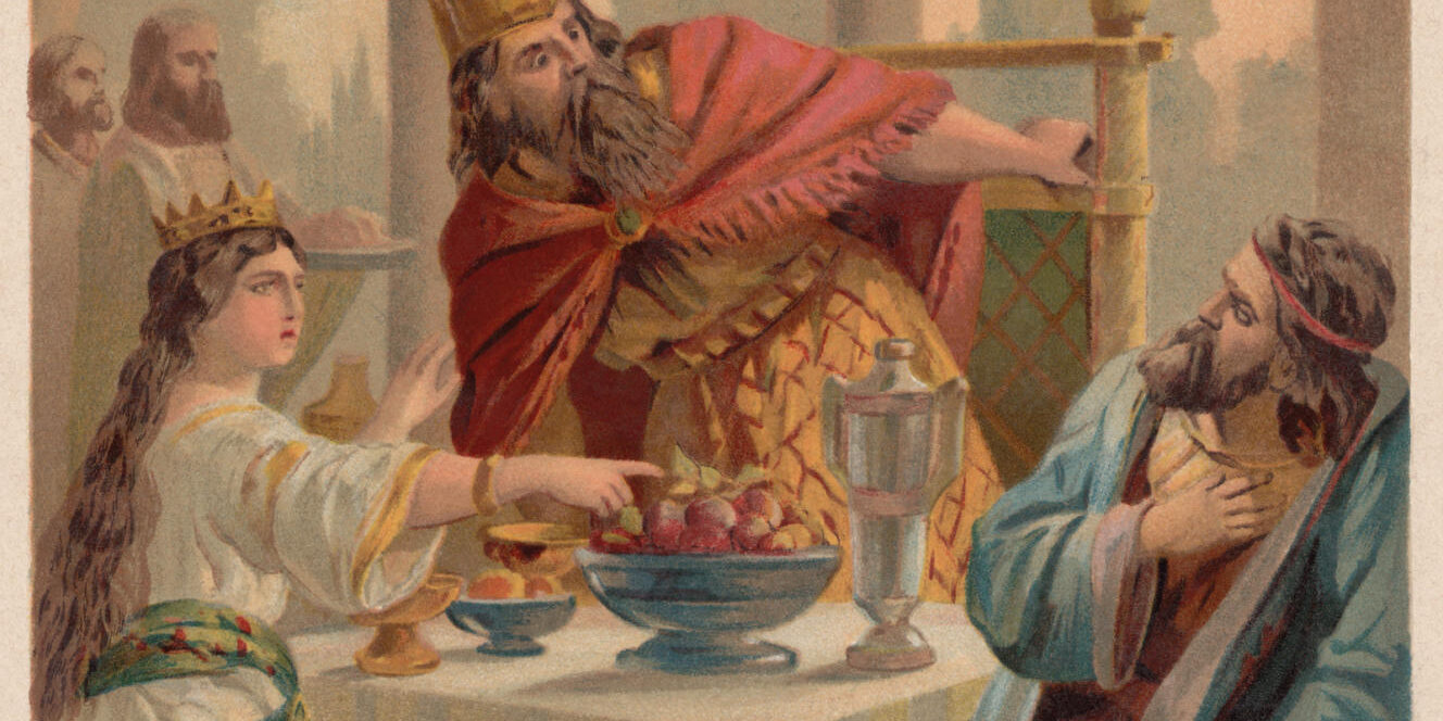 Queen Esther accuses Haman before King Ahasuerus, chromolithograph, published 1886